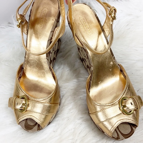 Coach Gold Maxina Sling back Wedge Monogram sandals 9b - Picture 7 of 13